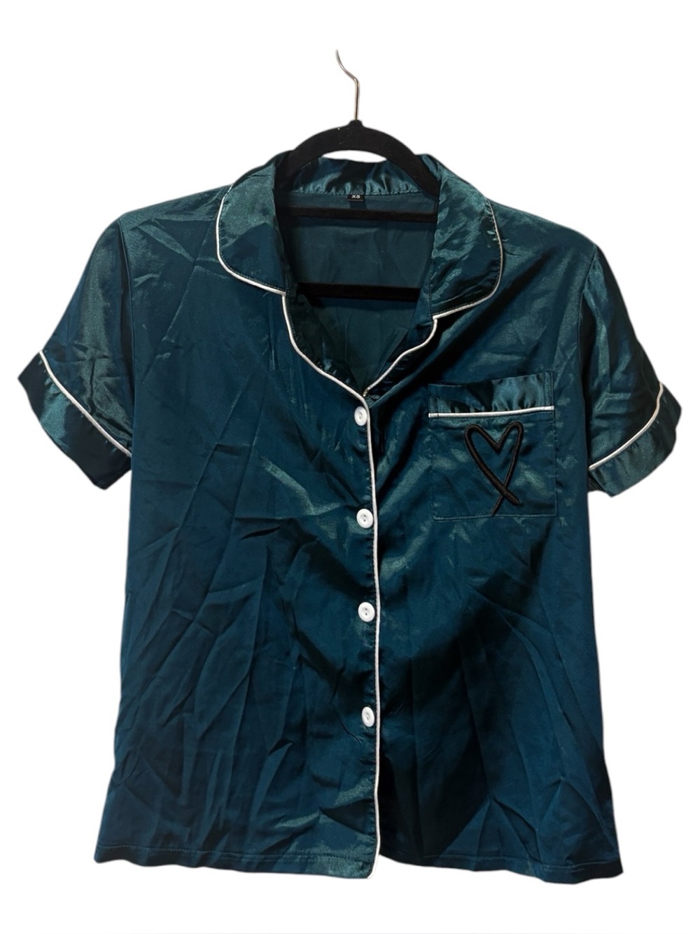 Teal Short-Sleeve Button PJ Top with Heart Pocket and pants set